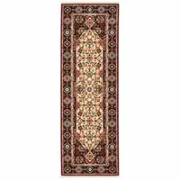 Photo of Red Ivory Blue And Orange Oriental Power Loom Stain Resistant Runner Rug With Fringe
