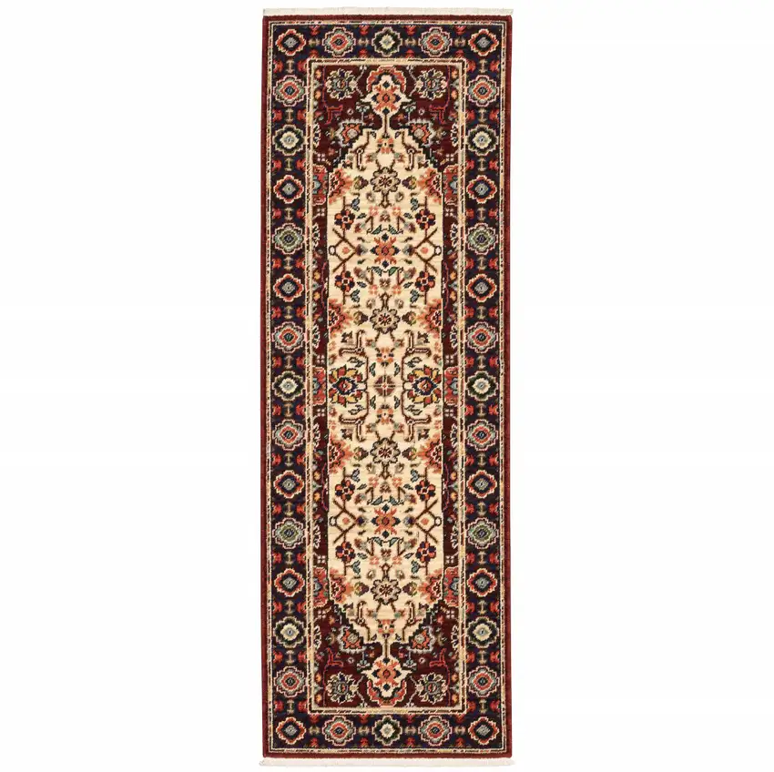Red Ivory Blue And Orange Oriental Power Loom Stain Resistant Runner Rug With Fringe Photo 2