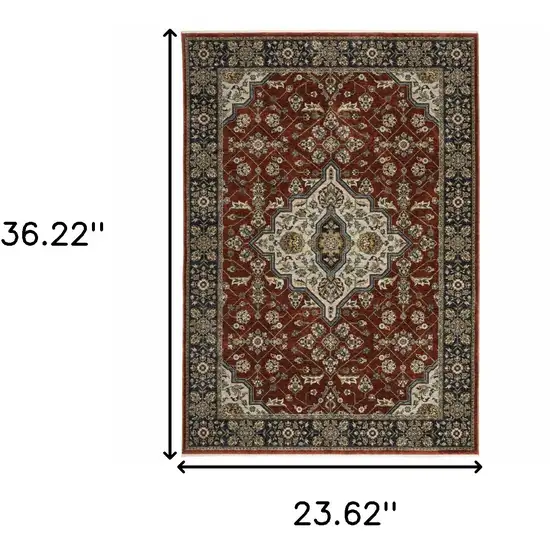 Red Ivory Blue Navy Gold And Grey Oriental Power Loom Stain Resistant Area Rug With Fringe Photo 3