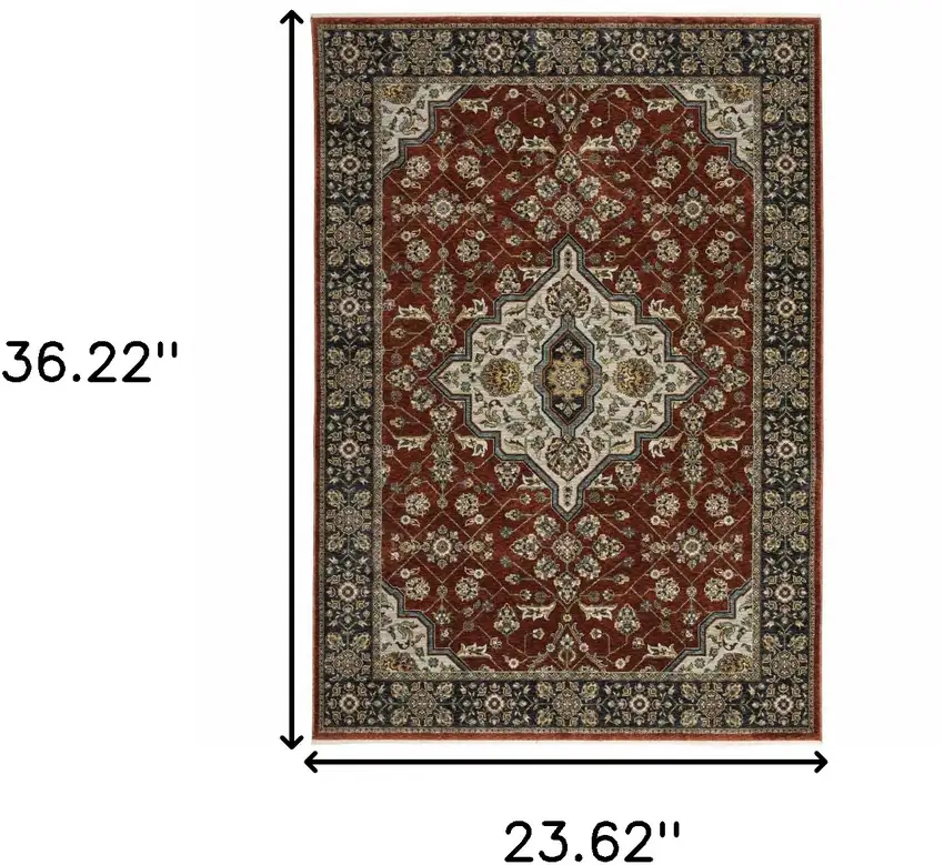 Red Ivory Blue Navy Gold And Grey Oriental Power Loom Stain Resistant Area Rug With Fringe Photo 3