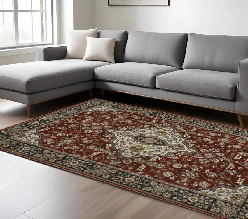 Red and Ivory Oriental Power Loom Area Rug With Fringe Photo 1