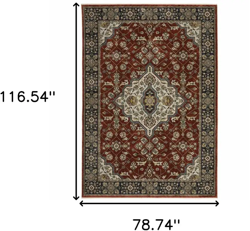 Red and Ivory Oriental Power Loom Area Rug With Fringe Photo 3