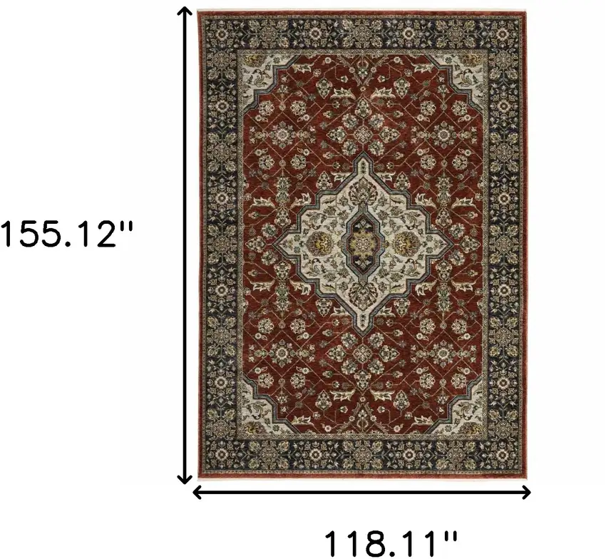 Red Ivory Blue Navy Gold And Grey Oriental Power Loom Stain Resistant Area Rug With Fringe Photo 3