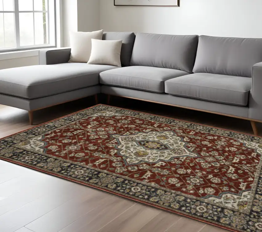 Red Ivory Blue Navy Gold And Grey Oriental Power Loom Stain Resistant Area Rug With Fringe Photo 1