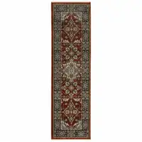Photo of Red Ivory Blue Navy Gold And Grey Oriental Power Loom Stain Resistant Runner Rug With Fringe