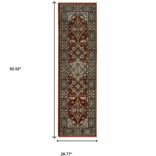 2' X 8' Red Ivory Blue Navy Gold And Grey Oriental Power Loom Stain Resistant Runner Rug With Fringe Photo 3