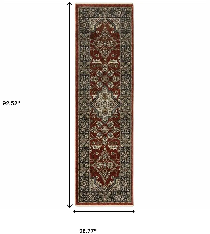 2' X 8' Red Ivory Blue Navy Gold And Grey Oriental Power Loom Stain Resistant Runner Rug With Fringe Photo 3