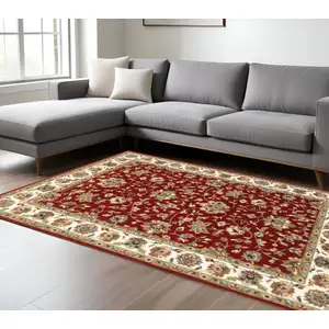 Photo of Red Ivory Machine Woven Floral Oriental Indoor Area Rug