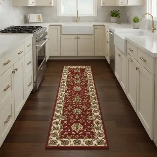 8' Red And Ivory Runner Rug Photo 1