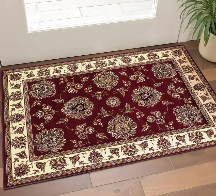 Red And Ivory Floral Medallion Area Rug Photo 1