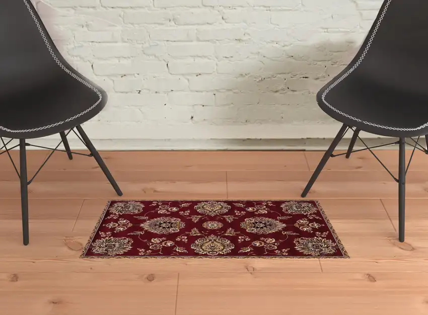 2'X3' Red Ivory Machine Woven Floral Traditional Indoor Accent Rug Photo 2