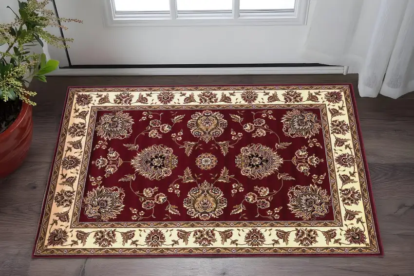 Red And Ivory Floral Area Rug Photo 1