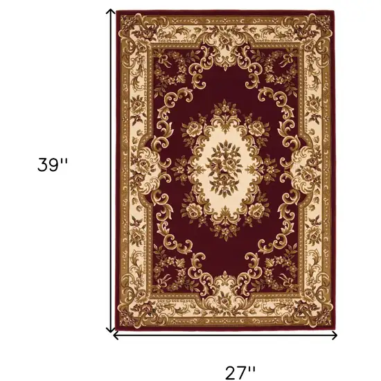 2'X3' Red Ivory Machine Woven Hand Carved Floral Medallion Indoor Accent Rug Photo 8