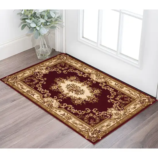 Red and Ivory Floral Border Area Rug Photo 1