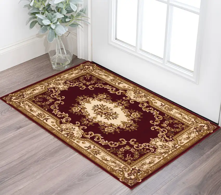 Red and Ivory Floral Border Area Rug Photo 1