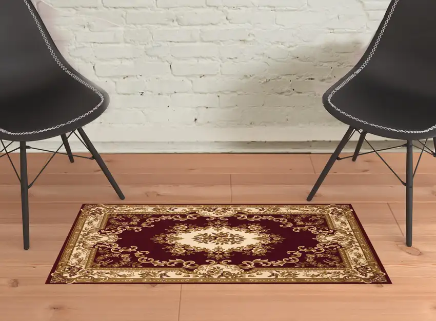 2'X3' Red Ivory Machine Woven Hand Carved Floral Medallion Indoor Accent Rug Photo 2