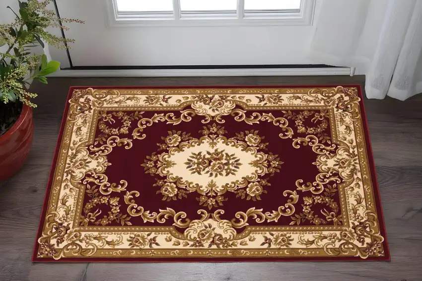 Red and Ivory Floral Border Area Rug Photo 1