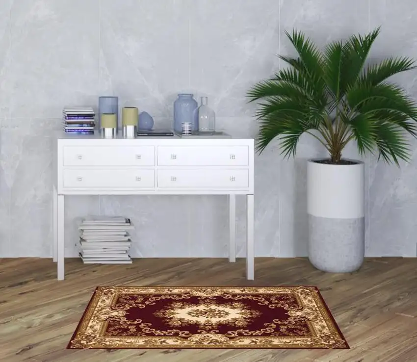 3'X5' Red Ivory Machine Woven Hand Carved Floral Medallion Indoor Area Rug Photo 2