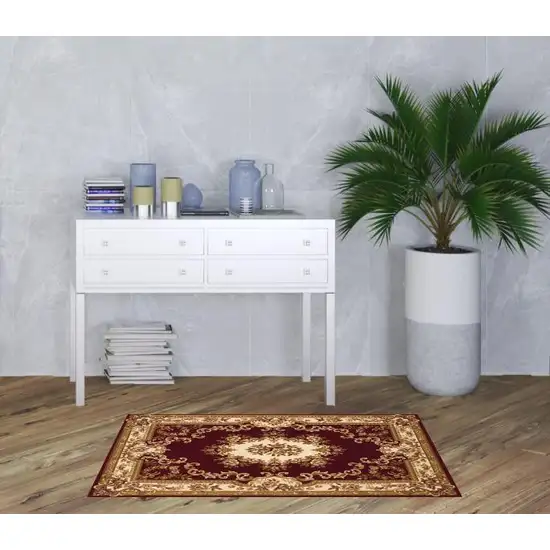 3'X5' Red Ivory Machine Woven Hand Carved Floral Medallion Indoor Area Rug Photo 2