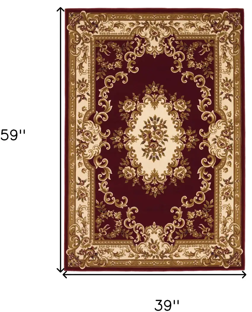 3'X5' Red Ivory Machine Woven Hand Carved Floral Medallion Indoor Area Rug Photo 8