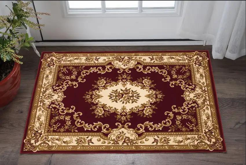 Red and Ivory Floral Border Area Rug Photo 1