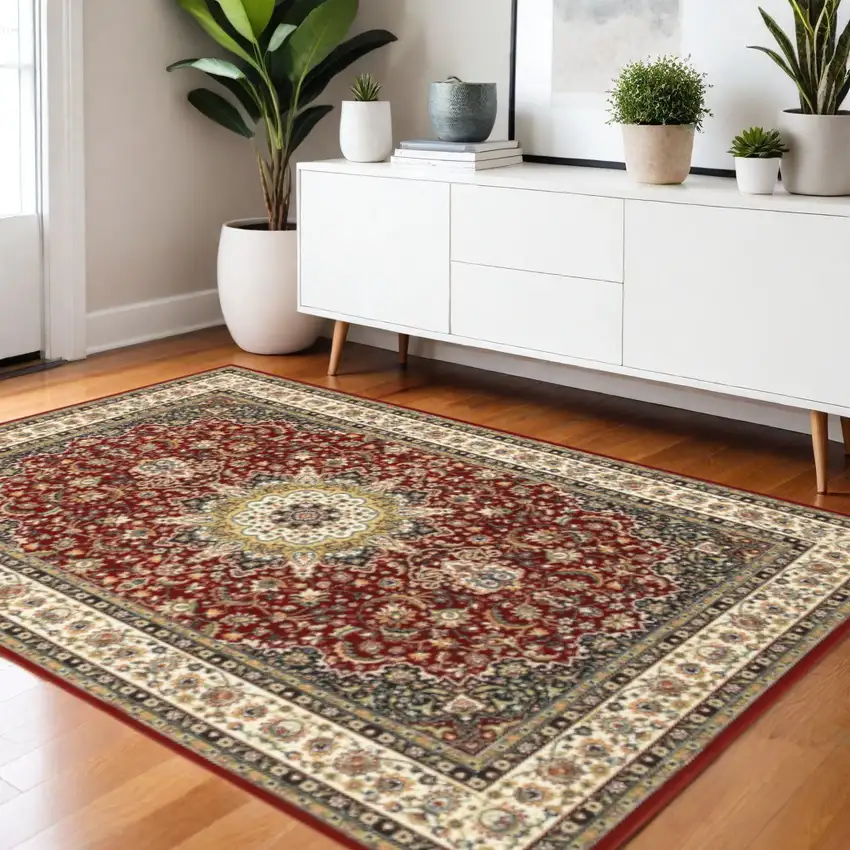 Red And Ivory Floral Medallion Area Rug Photo 1