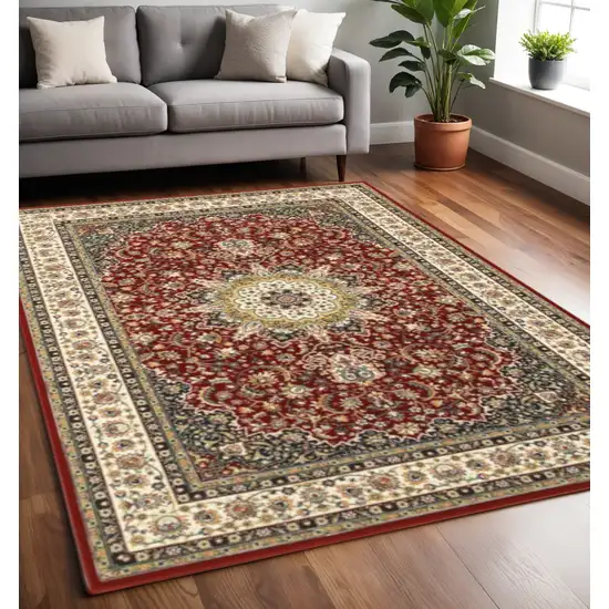 Red And Ivory Floral Medallion Area Rug Photo 1