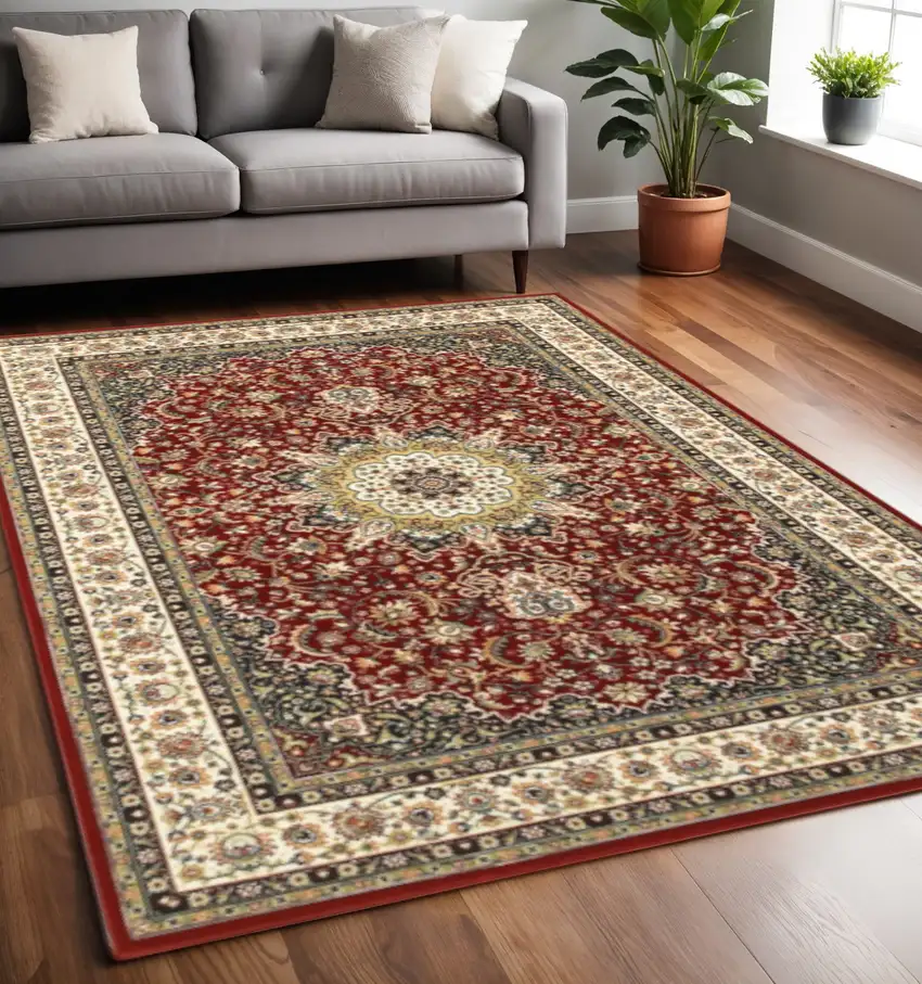 Red And Ivory Floral Medallion Area Rug Photo 1