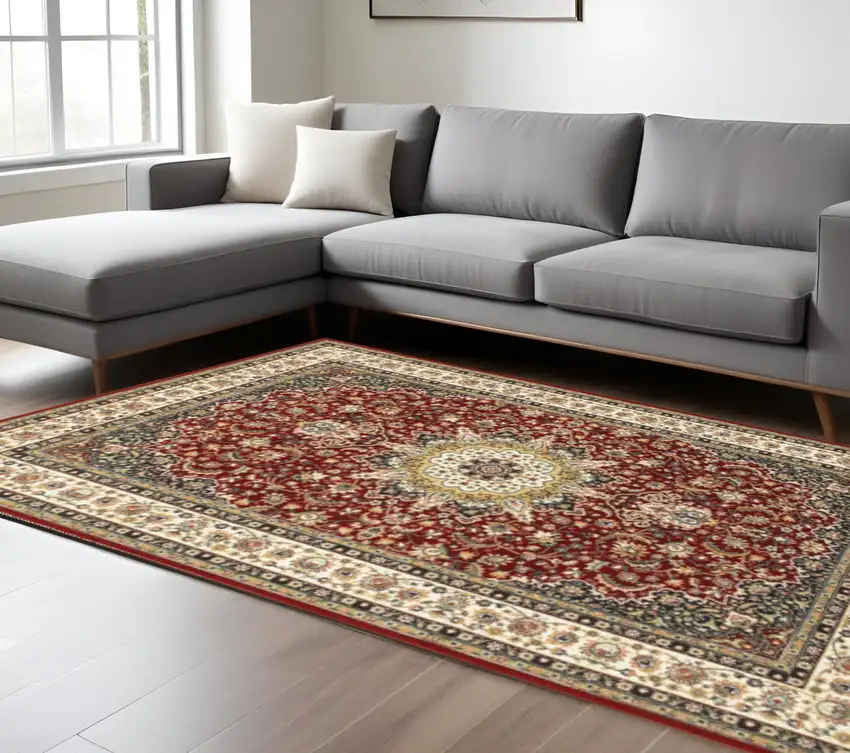 Red And Ivory Floral Medallion Area Rug Photo 1