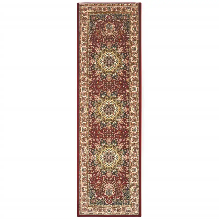 8' Red Ivory Machine Woven Oriental Indoor Runner Rug Photo 2