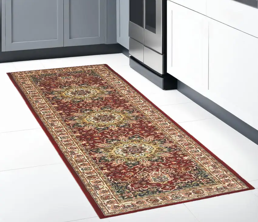 8' Red Ivory Machine Woven Oriental Indoor Runner Rug Photo 1