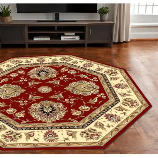 8' Red And Ivory Floral Medallion Octagon Rug Photo 1