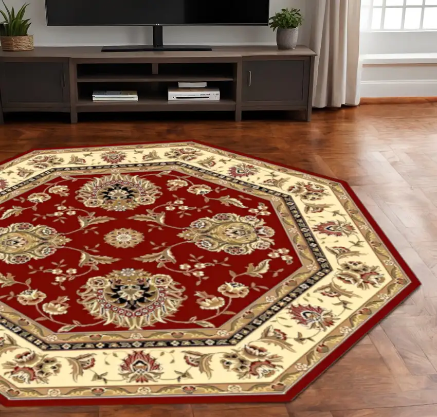 8' Red And Ivory Floral Medallion Octagon Rug Photo 1