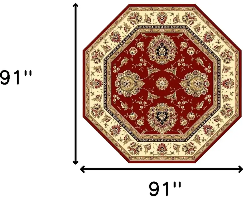 Red And Ivory Octagon Floral Vines Area Rug Photo 3