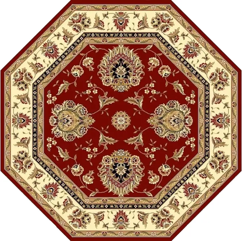 Red And Ivory Octagon Floral Vines Area Rug Photo 2