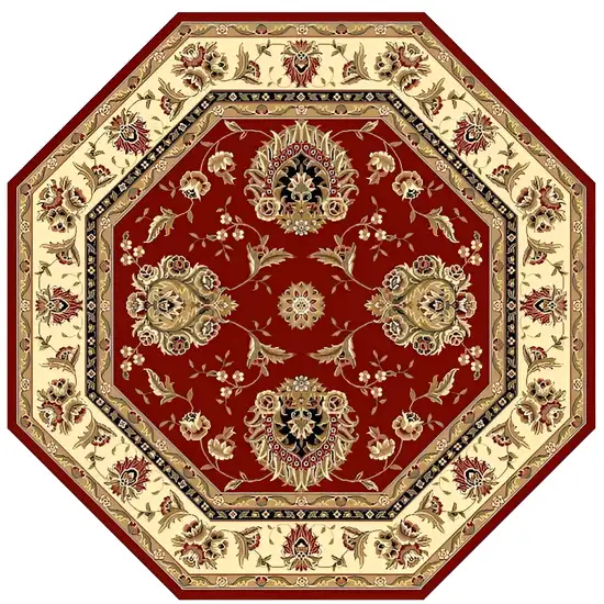 8' Red And Ivory Floral Medallion Octagon Rug Photo 2