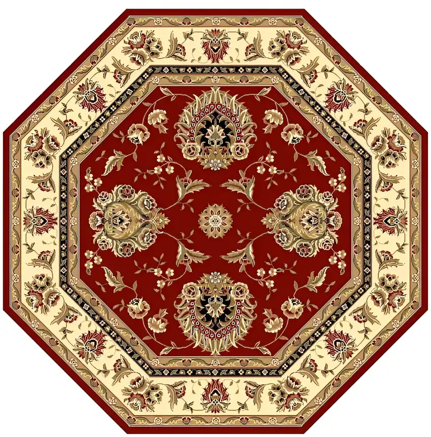 8' Red And Ivory Floral Medallion Octagon Rug Photo 2