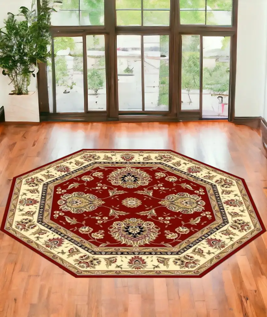 Red And Ivory Octagon Floral Vines Area Rug Photo 1