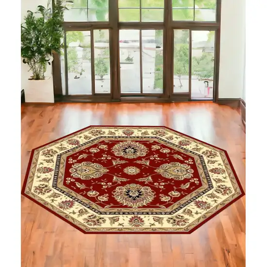 Red And Ivory Octagon Floral Vines Area Rug Photo 1