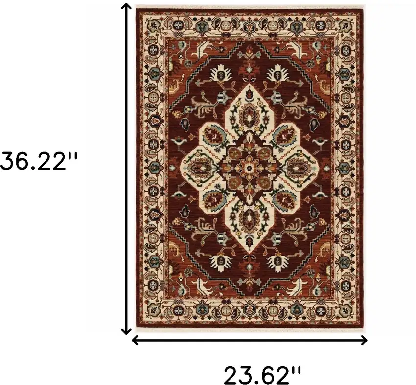 Red Ivory Orange And Blue Oriental Power Loom Stain Resistant Area Rug With Fringe Photo 3