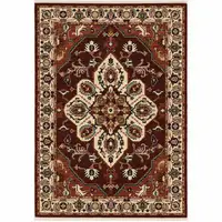 Photo of Red Ivory Orange And Blue Oriental Power Loom Stain Resistant Area Rug With Fringe