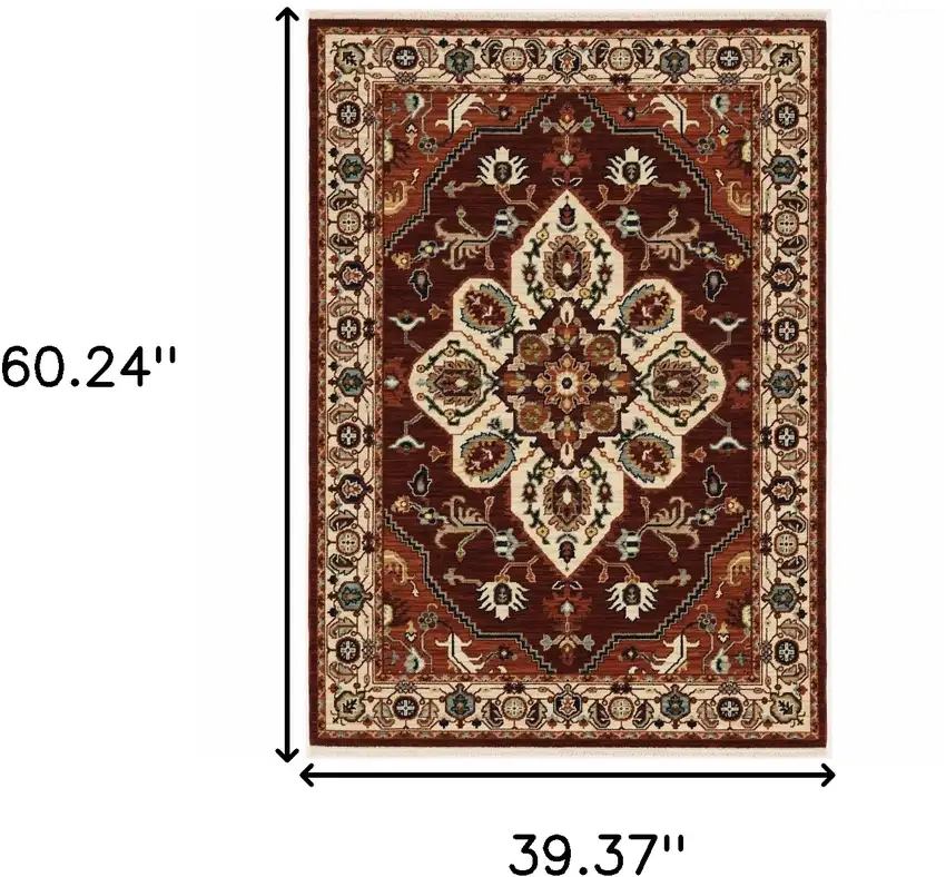 Red Ivory Orange And Blue Oriental Power Loom Stain Resistant Area Rug With Fringe Photo 3