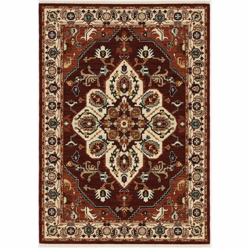 Red Ivory Orange And Blue Oriental Power Loom Stain Resistant Area Rug With Fringe Photo 1