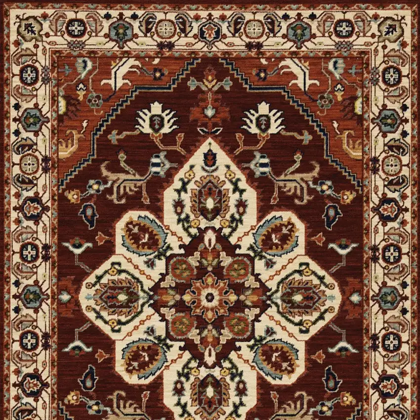 Red Ivory Orange And Blue Oriental Power Loom Stain Resistant Area Rug With Fringe Photo 7