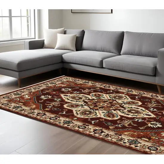 Red And Ivory Oriental Area Rug With Fringe Photo 1