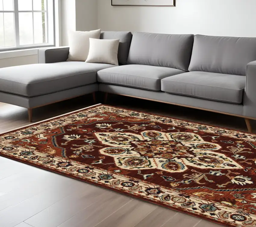 Red and Ivory Oriental Power Loom Area Rug With Fringe Photo 1