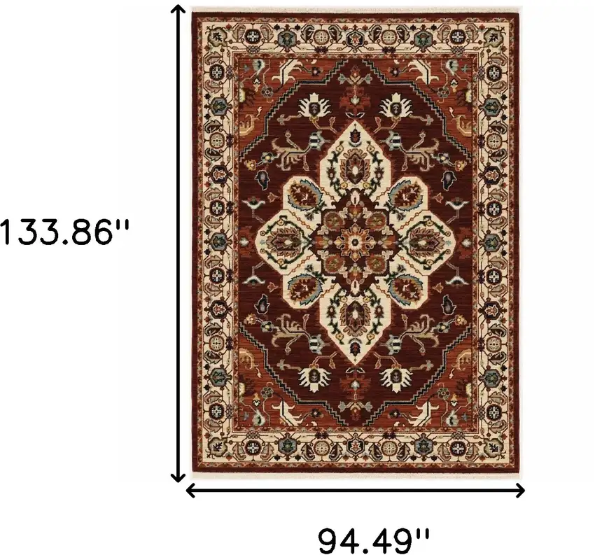 Red and Ivory Oriental Power Loom Area Rug With Fringe Photo 3