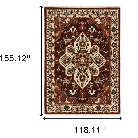 Red Ivory Orange And Blue Oriental Power Loom Stain Resistant Area Rug With Fringe Photo 3