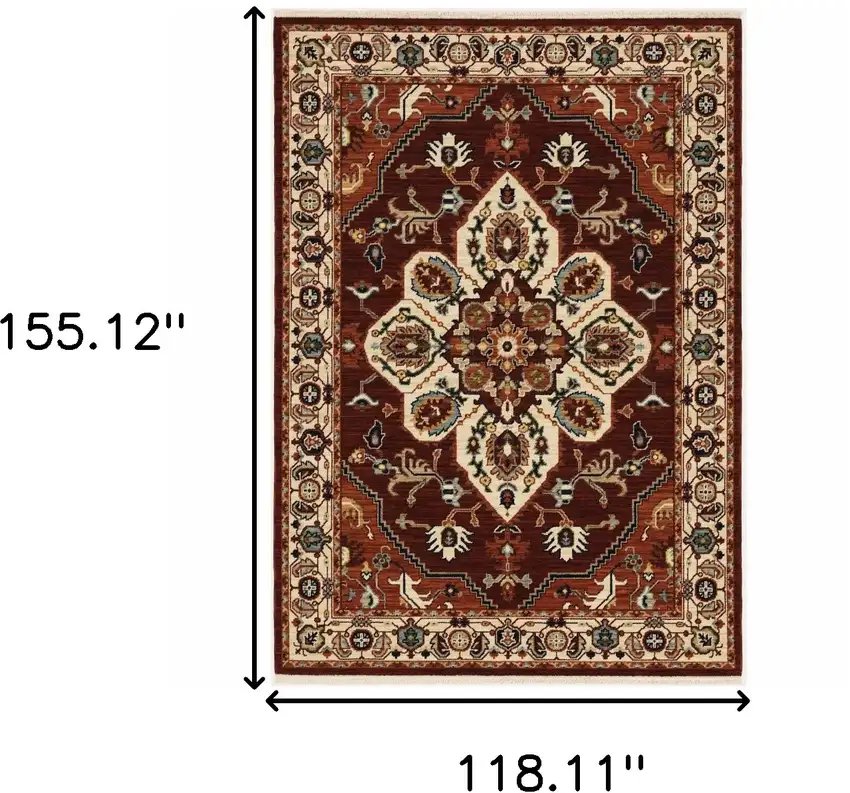 Red Ivory Orange And Blue Oriental Power Loom Stain Resistant Area Rug With Fringe Photo 3