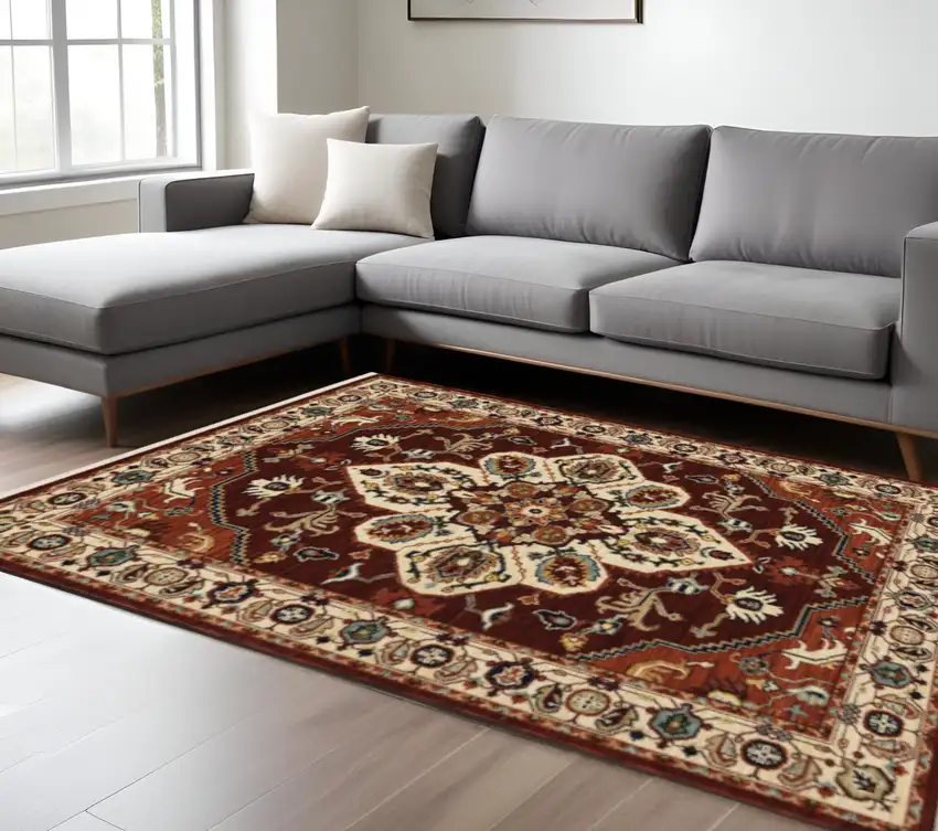 Red Ivory Orange And Blue Oriental Power Loom Stain Resistant Area Rug With Fringe Photo 1